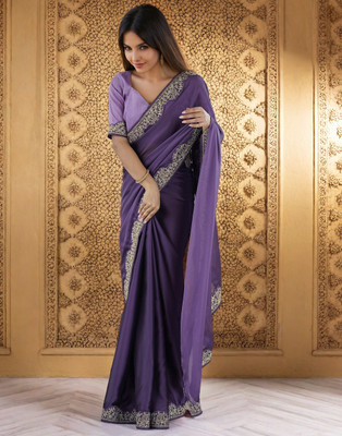 Dwarros Solid/Plain Saree with Attached Blouse Cotton Silk Saree(Purple)