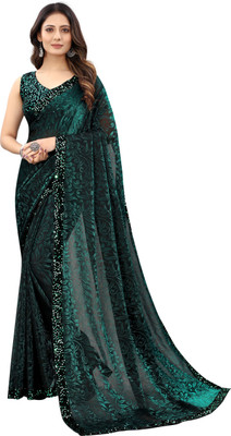 Amavii Embellished, Self Design Banarasi Lycra Blend Saree(Green)