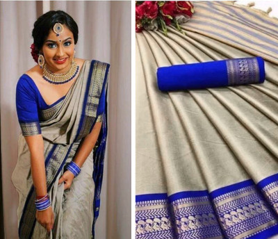 KVELLOCA Woven Maheshwari Cotton Silk Saree(Silver, Blue)