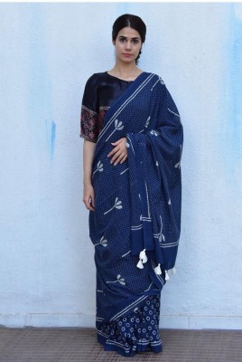 AARTI FASHION Printed, Blocked Printed, Floral Print Ikkat Pure Cotton Saree(Dark Blue)