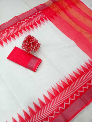 HangerStories Digital Print, Woven Kanjivaram Pure Cotton, Cotton Linen Saree(White, Red)
