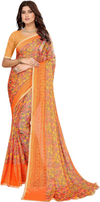 Madhur milan Printed, Floral Print Bollywood Viscose Rayon, Chiffon Saree(Pack of 2, Orange)