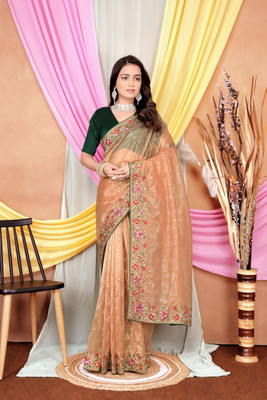 MAHADEV Embroidered Bollywood Supernet Saree(Orange)