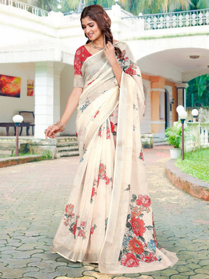 Anouk Rustic Digital Print Hand Batik Cotton Linen Saree(Cream)