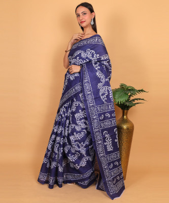 OceanInfinity Printed, Floral Print Hand Batik Pure Cotton Saree(Blue, White)