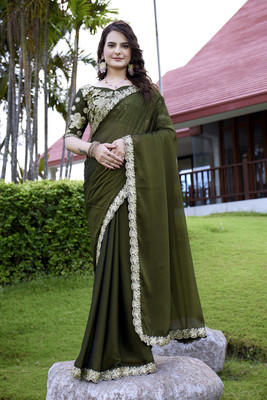 Shatayu Solid/Plain Bollywood Chiffon Saree(Green)