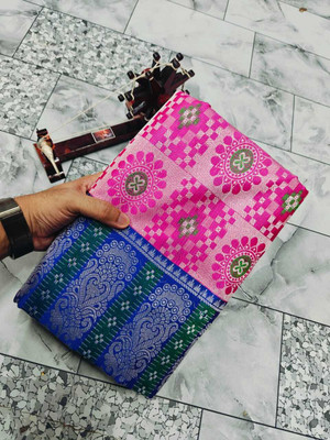 Sijileen Woven, Temple Border Sambalpuri Silk Blend Saree(Pink, Blue)