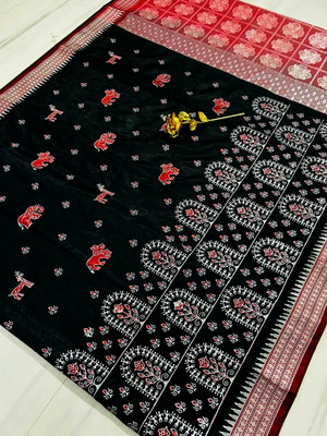 HouseOfCommon Embroidered Sambalpuri Satin Saree(Black)