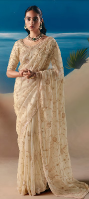 Shree nath Sadi Centre Embroidered Bollywood Tissue Saree(Beige)