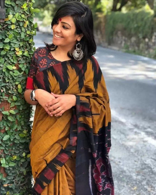 QUETZAL HANDLOOM SAREE Printed Sambalpuri Pure Cotton Saree(Mustard)