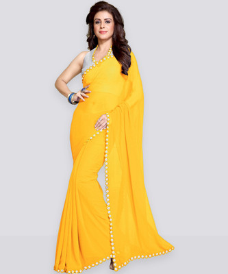 MIRCHI FASHION Embellished, Solid/Plain Bollywood Georgette Saree(Yellow)