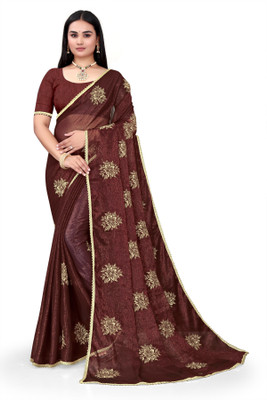 Pemal Designer Embroidered Bollywood Silk Blend Saree(Brown)
