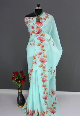 gajanand creation Floral Print, Printed Daily Wear Cotton Linen Saree(Light Blue)
