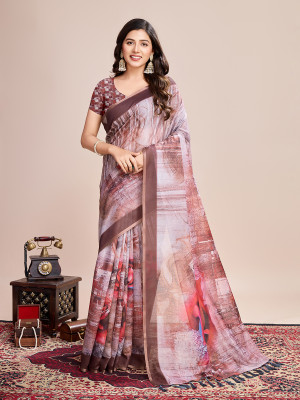 OFLINE SELECTION Printed Daily Wear Linen Saree(Beige)