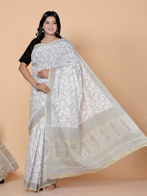 Jevi Prints Floral Print Daily Wear Pure Cotton Saree(White, Green)