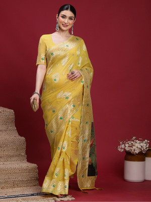 Sangria Woven Banarasi Organza Saree(Yellow)