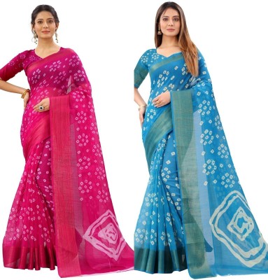 Saadhvi Printed Bandhani Pure Cotton Saree(Pack of 2, Light Blue, Pink)