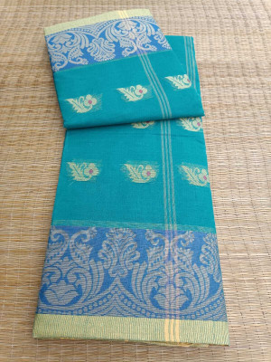 KhayaFashion Woven Tant Pure Cotton Saree(Light Blue)