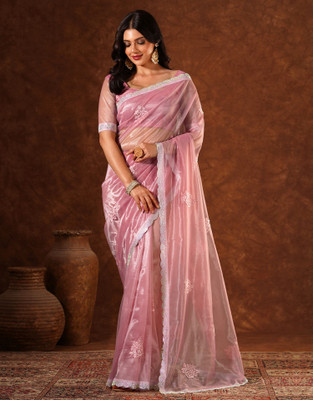 all about you Embroidered Bollywood Net Saree(Pink)
