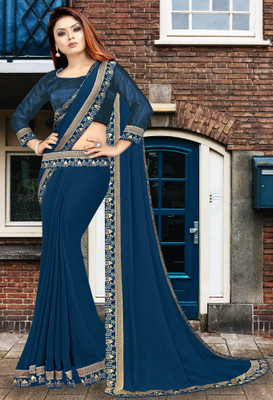 HNC Retail Temple Border, Solid/Plain Bollywood Lycra Blend, Chiffon Saree(Dark Blue)