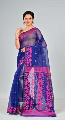 Mondal Saree Centre Printed Jamdani Cotton Silk Saree(Blue)
