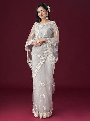 KASEE Embroidered Bollywood Net Saree(Grey)