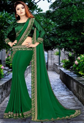 Suvali Fashion Temple Border Banarasi Lycra Blend, Chiffon Saree(Dark Green)