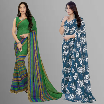 kashvi sarees Floral Print Daily Wear Georgette Saree(Pack of 2, Green, Blue)