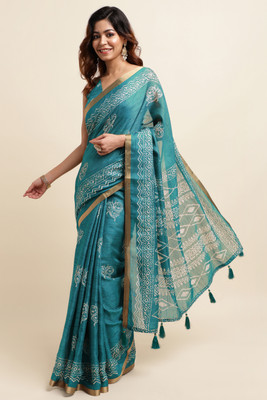 MIRCHI FASHION Printed, Blocked Printed Daily Wear Art Silk, Cotton Blend Saree(Blue, Grey)