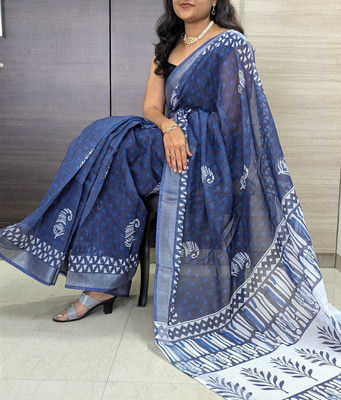 TRUORIGIN Printed Kanjivaram Linen, Cotton Linen Saree(Blue)