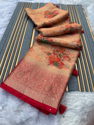 Banaras silk palace Floral Print Bollywood Organza Saree(Red)