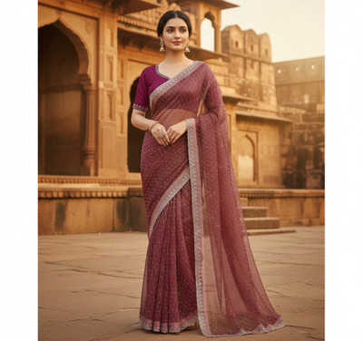 Sudev fashion Embellished Bollywood Net Saree(Brown)