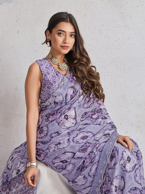 Tasrika Printed, Embellished Bollywood Satin, Georgette Saree(Purple)