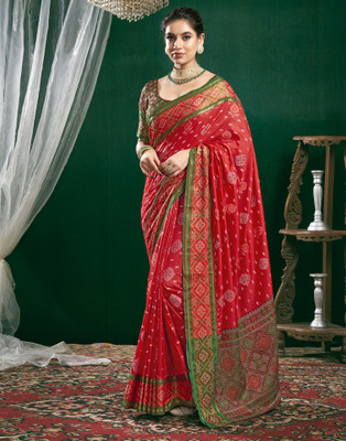 all about you Self Design, Woven Patola Silk Blend Saree(Red, Green)