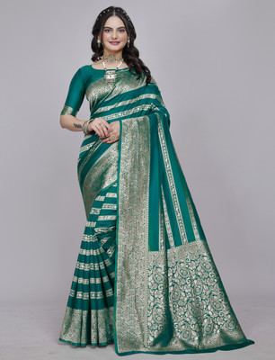 SOMVATI Self Design, Woven, Embellished Kanjivaram Art Silk, Jacquard Saree(Green)