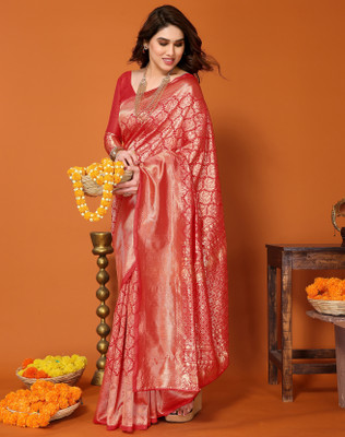 YASHIKA Printed, Self Design Banarasi Cotton Silk, Jacquard Saree(Red)