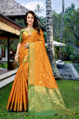 jayant creation Printed Banarasi Silk Blend, Jacquard Saree(Yellow)