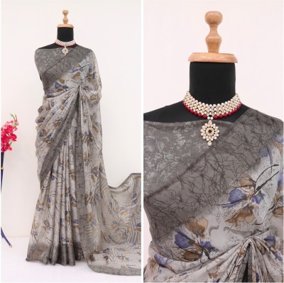 SkyCraftX Floral Print Daily Wear Chiffon Saree(Grey)