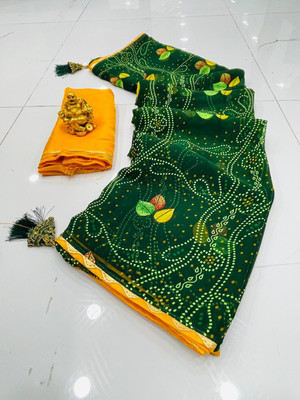 NAYNATEX Printed, Floral Print Bandhani Georgette Saree(Green)