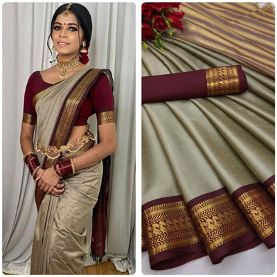 FashionZonee Embellished Banarasi Cotton Silk Saree(Maroon)