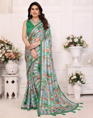 YASHIKA Printed Bandhani Georgette, Lace Saree(Green, Multicolor)