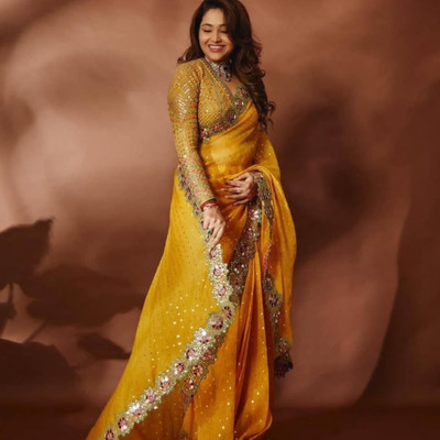 RUPAL CREATION Embellished Bollywood Georgette Saree(Yellow)