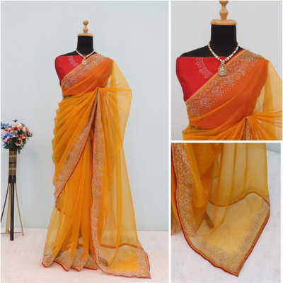 JENNYFEB Embellished Bollywood Supernet Saree(Gold)