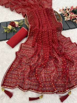PIYA DESIGNER Polka Print Bandhani Chiffon Saree(Maroon)