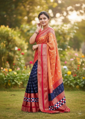 SHREELAXMI collection Self Design Sambalpuri Pure Cotton Saree(Orange, Dark Blue)