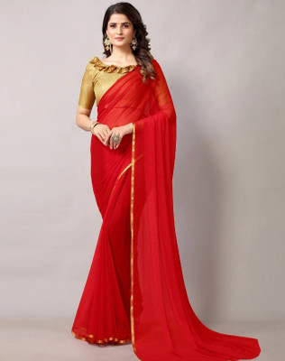 JV ENTERPRISE Striped Bollywood Chiffon Saree(Red)