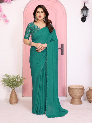 AMBUJAINTERNATIONAL Self Design Bollywood Georgette Saree(Light Blue)