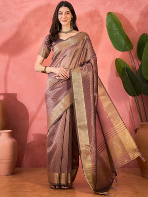 Sangria Self Design Saree with Attached Blouse Organza Saree(Purple)