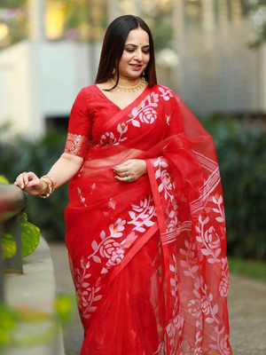 SSK Floral Print Bollywood Handloom Muslin Saree(Red)