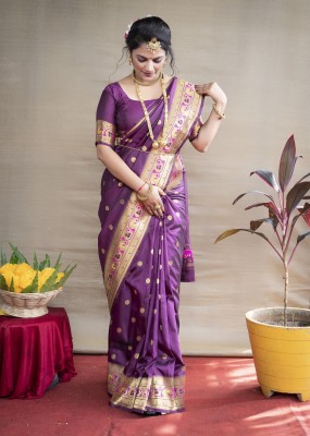 sarjan creation Self Design, Temple Border, Blocked Printed, Woven, Solid/Plain Paithani Jacquard, Pure Silk Saree(Multicolor, Purple, Pink)
